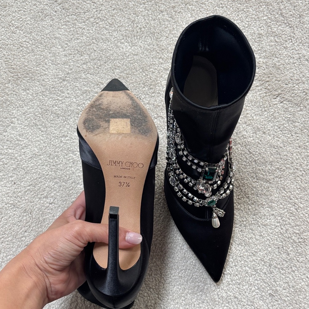 Jimmy Choo Lyja 100 Black Stretch Satin Bootie w/ Crystal necklace detail